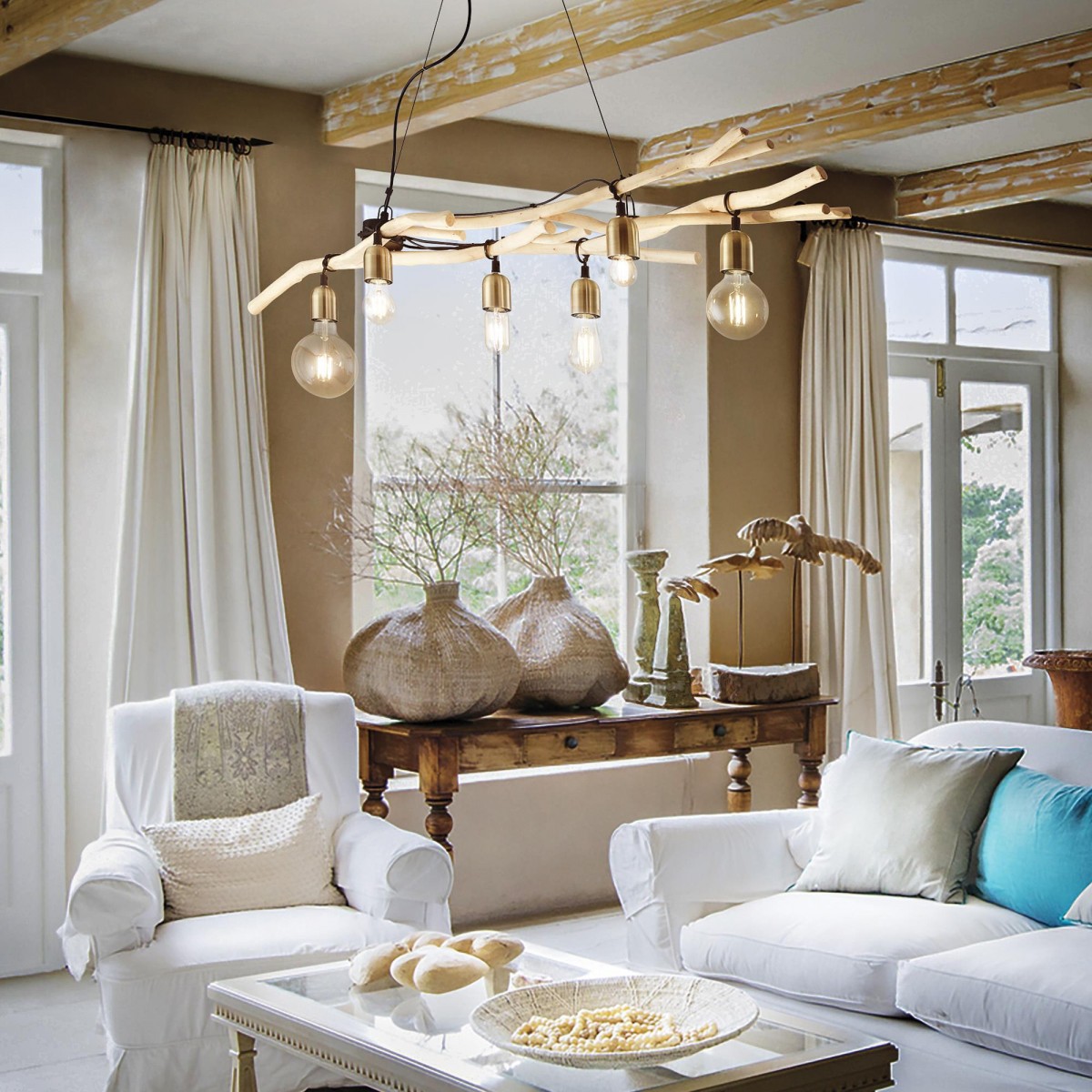 Závěsný lustr Ideal Lux v dekoru dřeva se zavěšenými žárovkami
