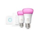 Philips Hue 8719514291379 Lampen und Hue Bridge Starter Kit 2x11W | E27 | 806-1100lm | 2000-6500K | RGB - White and Color Ambiance, Bluetooth, Zigbee, Fernbedienung, weiß