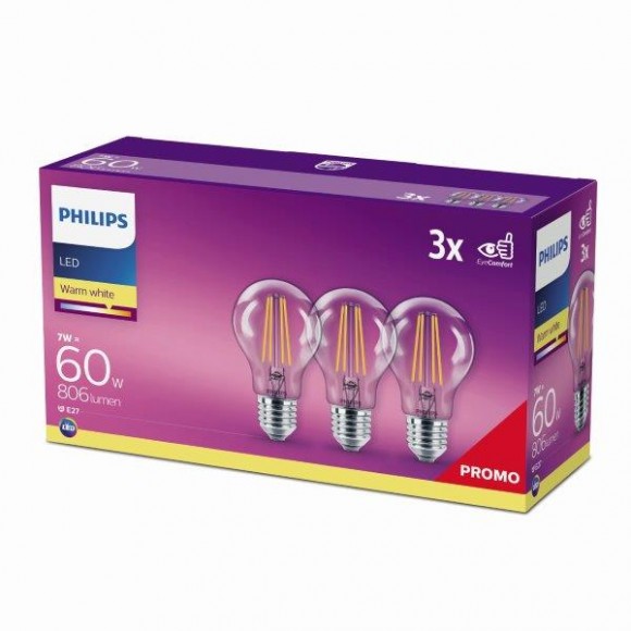 Philips 8718699665081 3x LED Lampe Classic 1x7W|E27|2700K - Dreierpack EYECOMFORT