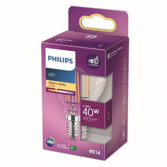 Philips 8718699763152 LED Lampe 1x4,3W | E14 | 470lm | 2700K - warmweiß, transparent, EyeComfort