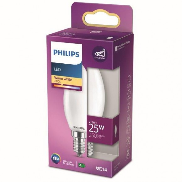 Philips 8718699763374 LED Lampe 1x2,2W | E14 | 250LM | 2700K - warmweiß, matt weiß, EyeComfort