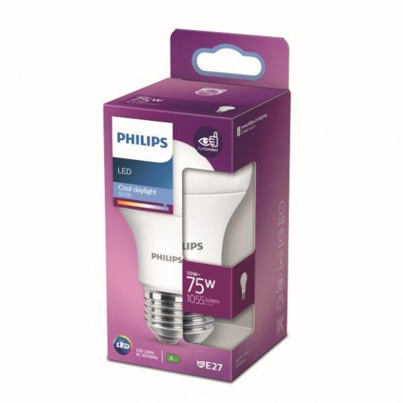 Philips 8718699769369 LED Lampe 1x10W | E27 | 1055lm | 6500K - kaltweiß, matt weiß, EyeComfort