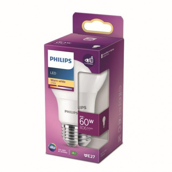 Philips 8718699769642 LED Lampe 1x8W | E27 | 806lm | 2700K - warmweiß, matt weiß, EyeComfort