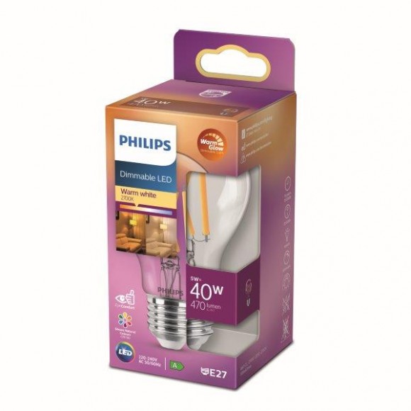 Philips 8718699770525 LED Lampe 1x5W | E27 | 470lm | 2200-2700K - Warm Glow, dimmbar, transparent, EyeComfort