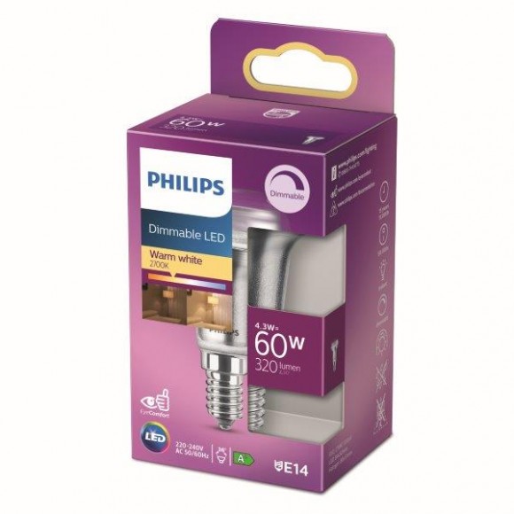Philips 8718699774219 LED Lampe 1x4,3W | E14 | 320L | 2700K - warmweiß, dimmbar, Eyecomfort