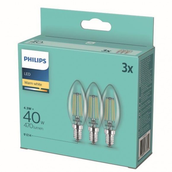Philips 8718699777791 LED Set Filamental Lampen 3x4,3W-40W | E14 | 470lm | 2700k - Set 3 Stück, Kerze, klar
