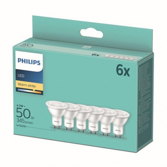 Philips 8718699777890 LED Set Lampen 6x4,7w-50w | Gu10 | 345lm | 2700k - Set 6 Stück, weiß