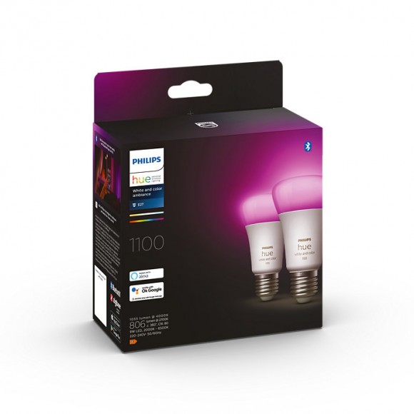 Philips Hue 8719514291317 LED E27 2x9W | E27 | 1100lm | 2000-6500K | RGB - Set 2 Stück, dimmbar, Bluetooth, White and color Ambiance