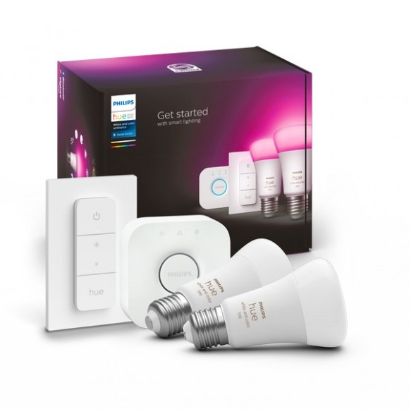 Philips Hue 8719514291379 Lampen und Hue Bridge Starter Kit 1x9w | E27 | 806-1100lm | 2000-6500K | RGB - White and Color Ambiance, Bluetooth, Zigbee, Fernbedienung, weiß