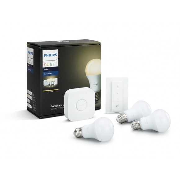 Philips Hue 8718696728987 3er-Set LED Lampen + dimmbar Switch + 9,5W Bridge | E27 | 2700K - weiß