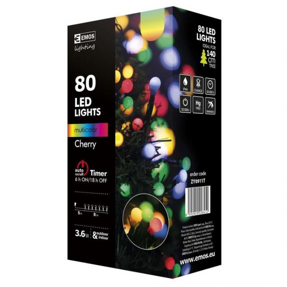 Emos ZY0911T LED WeihnachtslichTimerkette Cherry 8m 3,6W | IP44 | 80 Leuchtmitteln - mehrfarbig, Timer