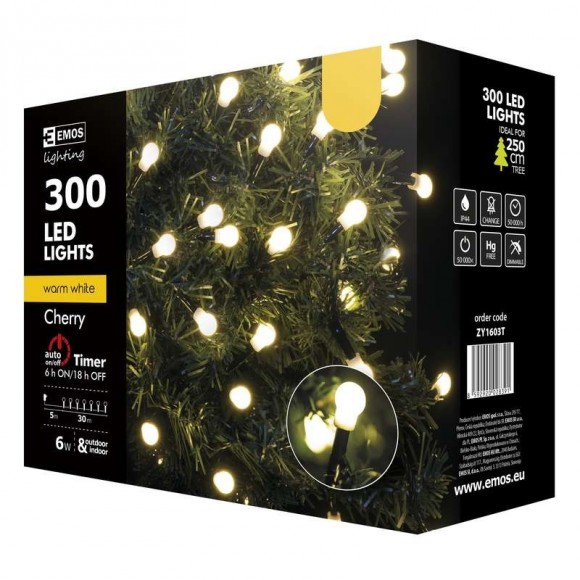 Emos ZY1603T LED Weihnachtslichterkette Cherry 30 Meter 6W | IP44 | 300 Leuchtmitteln - warmweiß, Timer