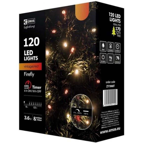 * Emos ZY1908T LED Weihnachtslichterkette Classic 12 Meter 3,6W | IP44 | 120 Leuchtmitteln - Vintage-rot, Funktion 50% leuchtet, 50% pulsiert